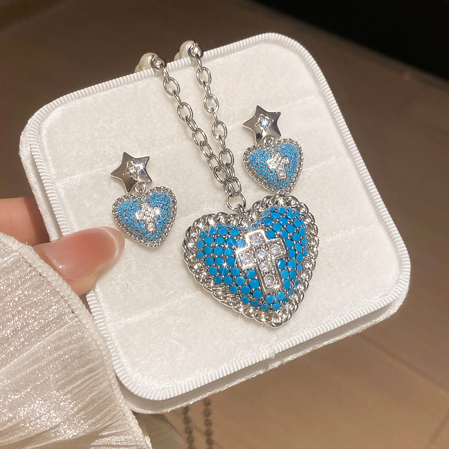 Sweet cool style zircon heart pearl earrings and necklace, personalized trendy jewelry set with a unique design, niche accessories - view 5