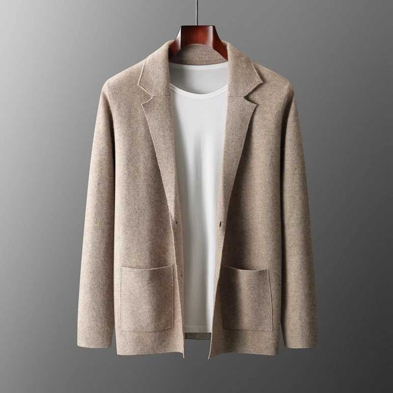 100 Merino Wool Sweater Mens Suit Collar Cardigan Pants Set Smart Casual Knitwear Autumn Winter Solid Coat Top Knit Trousers M260320