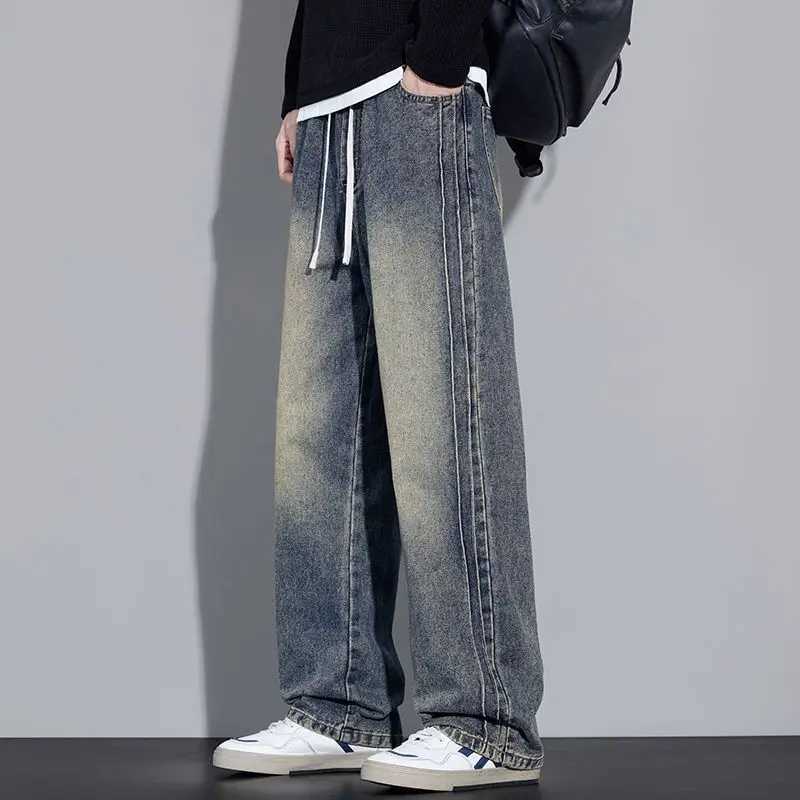 Elastic Loose Straight Jeans Mens Wide Legged Denim Pants Casual Trousers Korean Style Sportswear Clothing Jeans Men Pants D260320