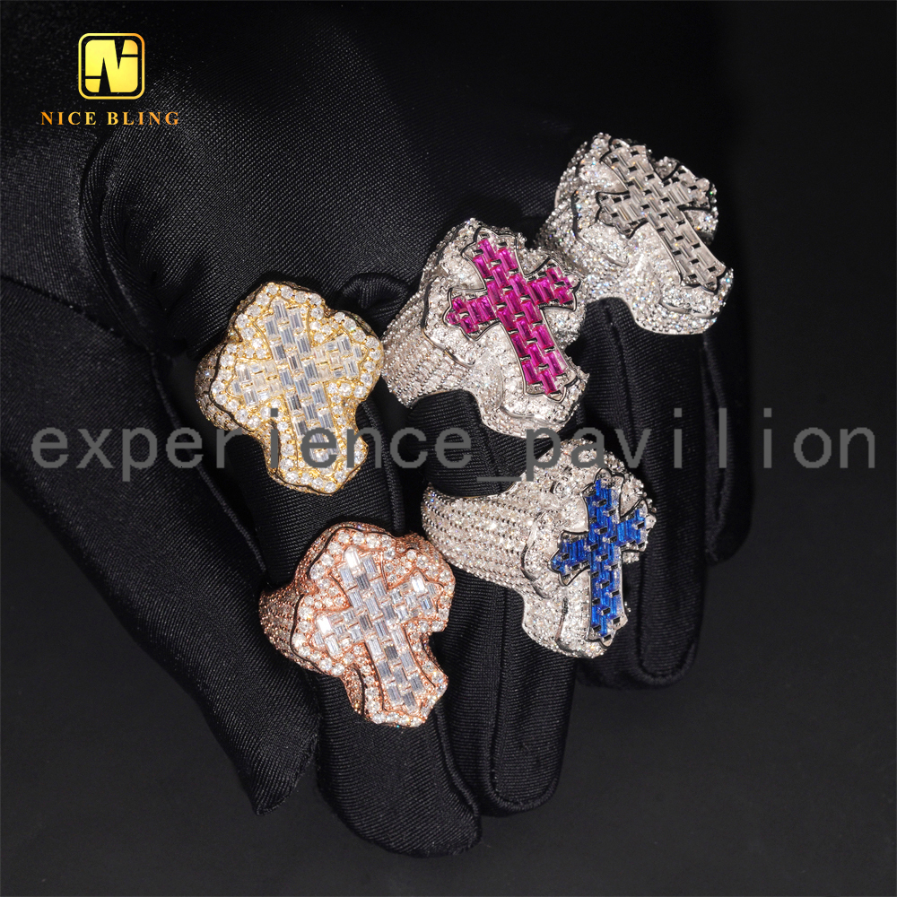 Baguette Iced Out Cross Shape Hip Hop Rapper Jewelry Ring Ruby Sapphire Full With VVS Moissanite Diamond 925 Silver Men Ring
