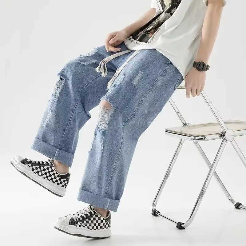 Men Summer Trend Ripped Wide Leg Loose Straight Jeans American Style High Street Male Casual Elastic Waist Ankle Length Pants D260320