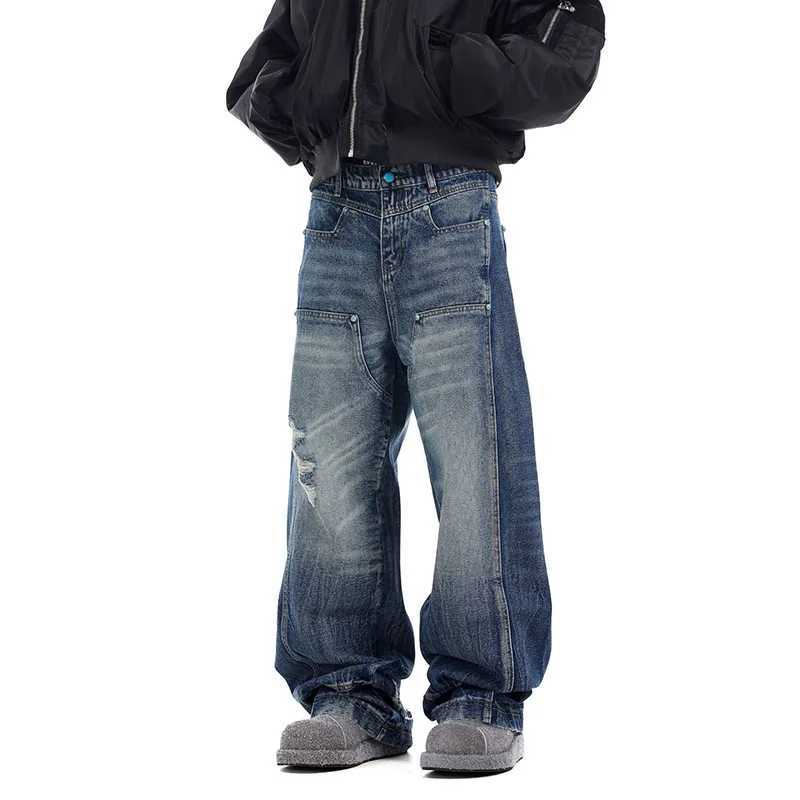 Korean Version Hip-Hop Wide Leg Pants MenS Jeans Wavy Holes Blue Jeans Spliced Straight Leg Casual Pants D260320