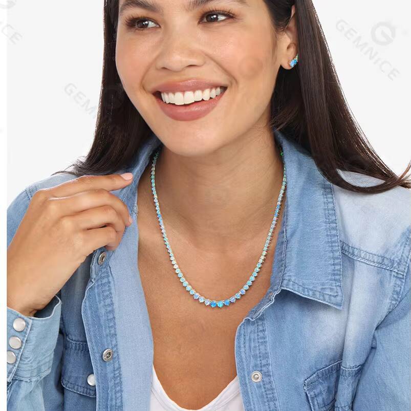 Gemnel Custom Quality Dainty Wholesale 18k Gold Plated Graduated Blue Opal Ombre Tennis Necklace