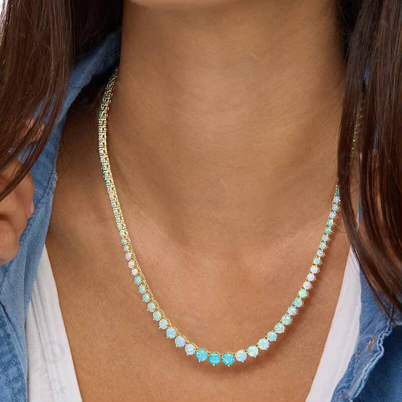 Gemnel Custom Quality Dainty Wholesale 18k Gold Plated Graduated Blue Opal Ombre Tennis Necklace