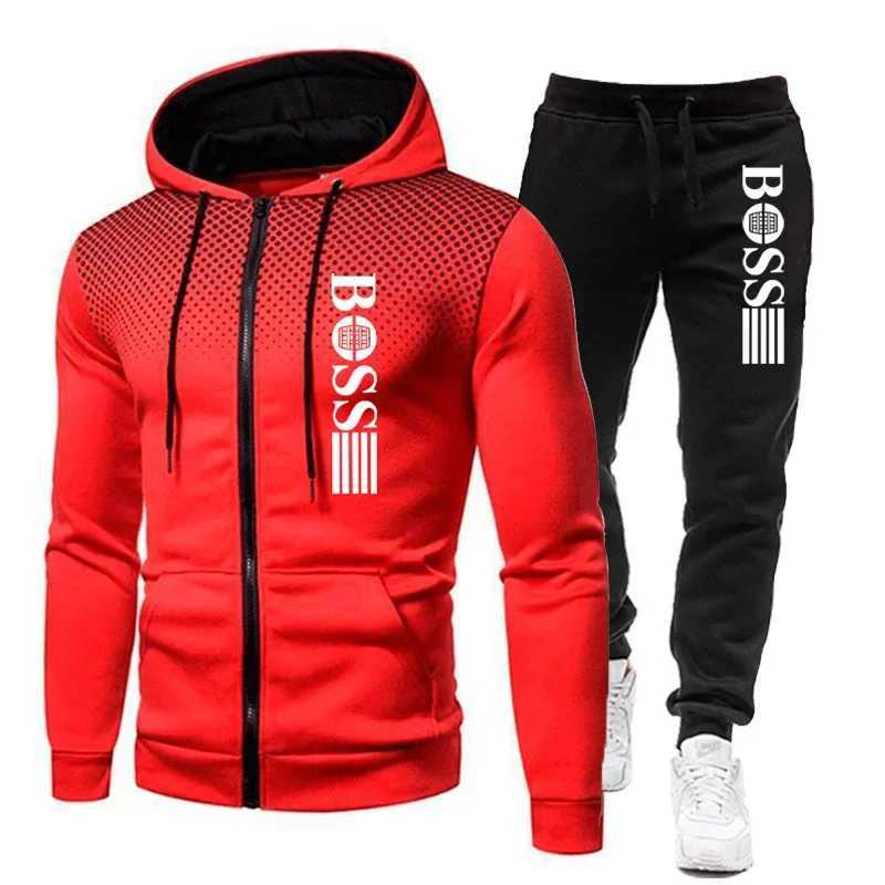 2026 New Mens zippered hoodie Casual Pants Set for Autumn and Winter fashion Fitness and Warm sportswear Two-piece set M260320