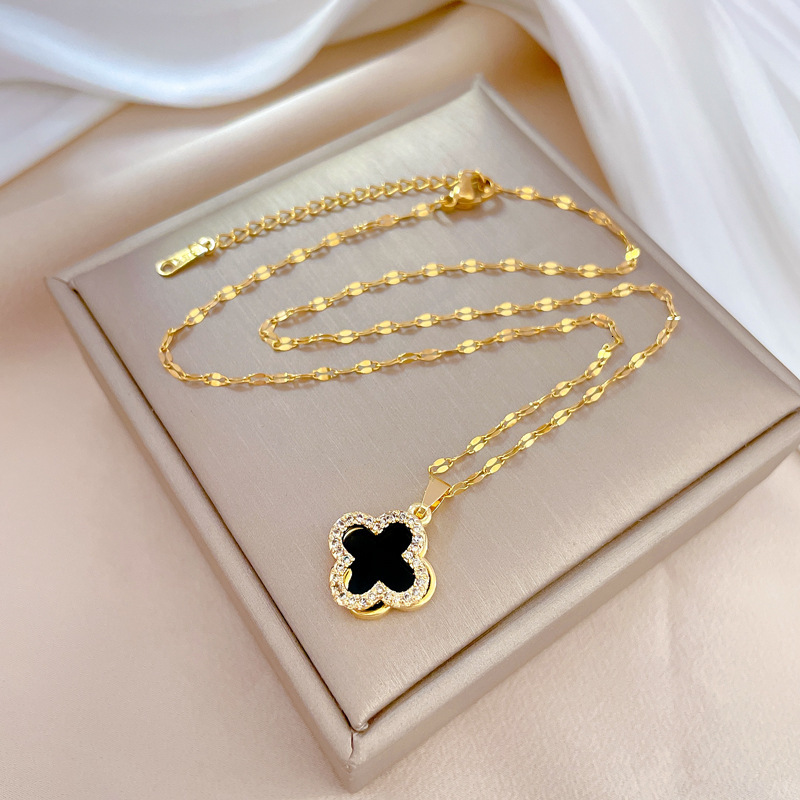 Designer Double-sided Four-leaf Clover Titanium Necklace, Elegant High-end Diamond-set Collar Necklace