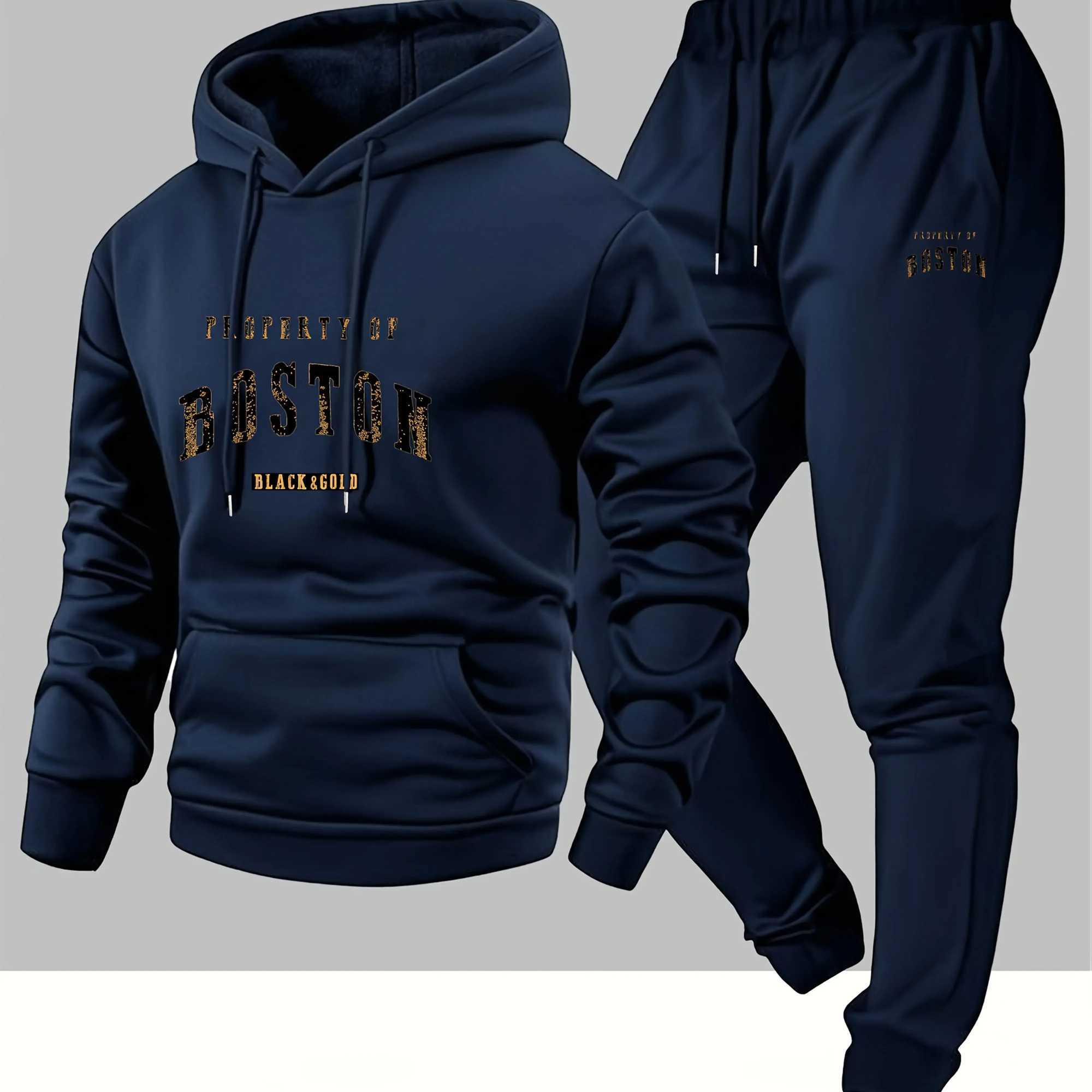 2026 New Mens Boston Print Hooded Sweatshirt and Sweatpants Soft and Comfortable Sweatpants Autumn and Winter Set M260320