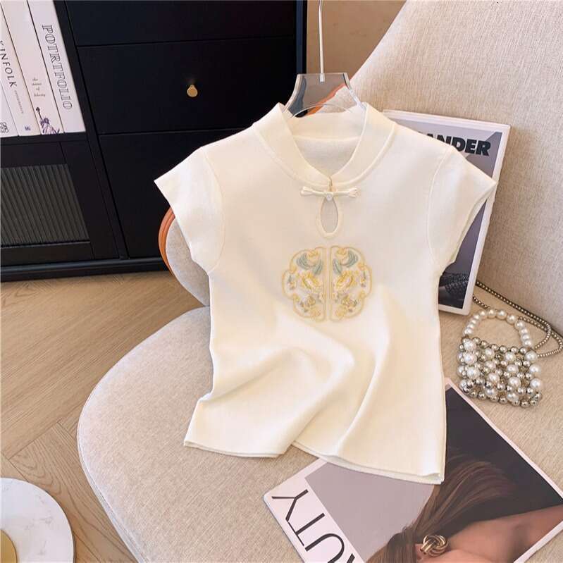 New Chinese-Style Embroidered Knitted T-Shirt Women, Summer Design With Flutter Sleeves, Unique Top For Petite Figures