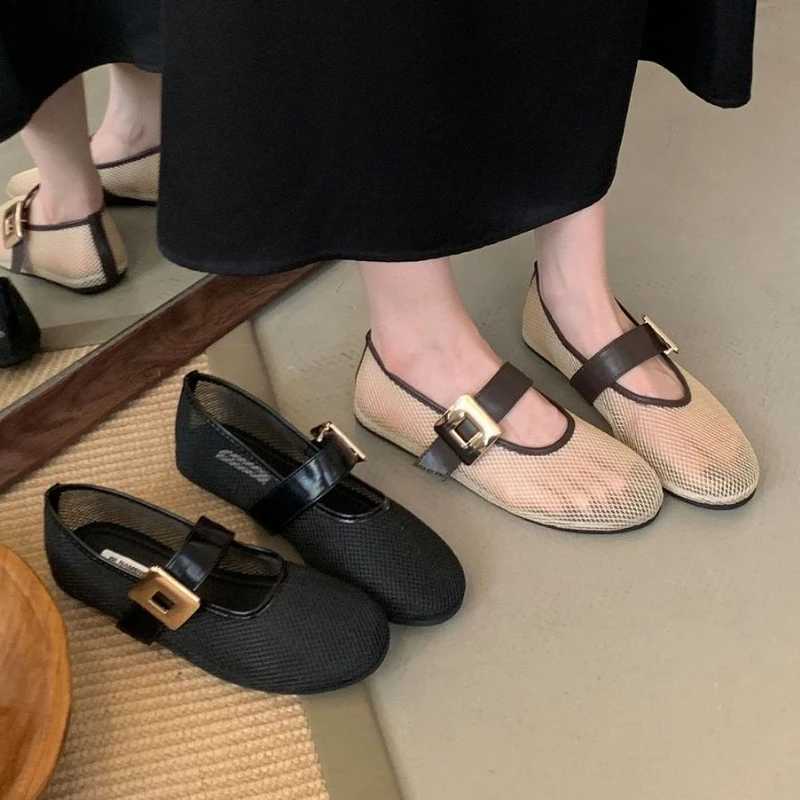 Mesh Breathable Ballet Flats Women Metal Belt Buckle Round Toe Shallow Comfy Beach Shoes Female Fashion Mary Jane Shoes H260512