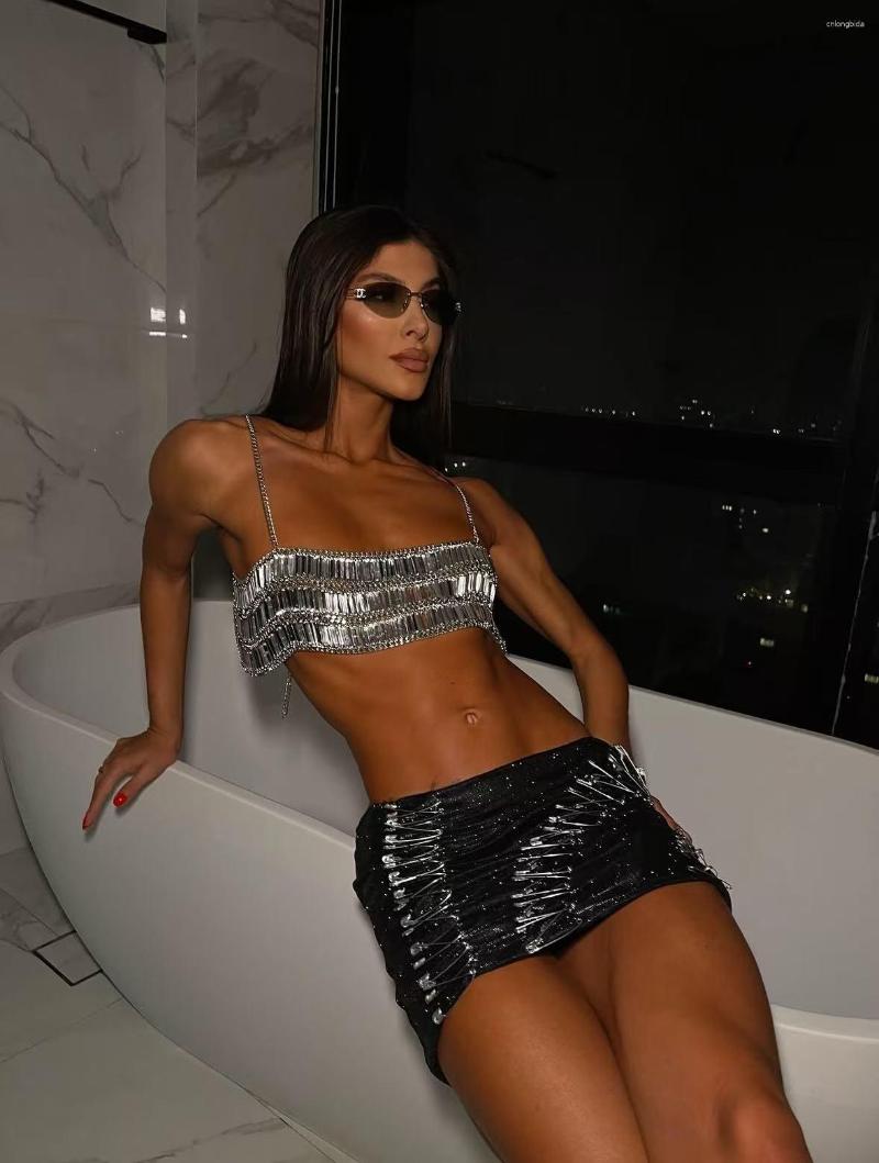 Women's Tanks European And American Cross-Border Vest Acrylic Sequin Multi-Layer Handmade Luxury Top Sexy Bra Chest Chain