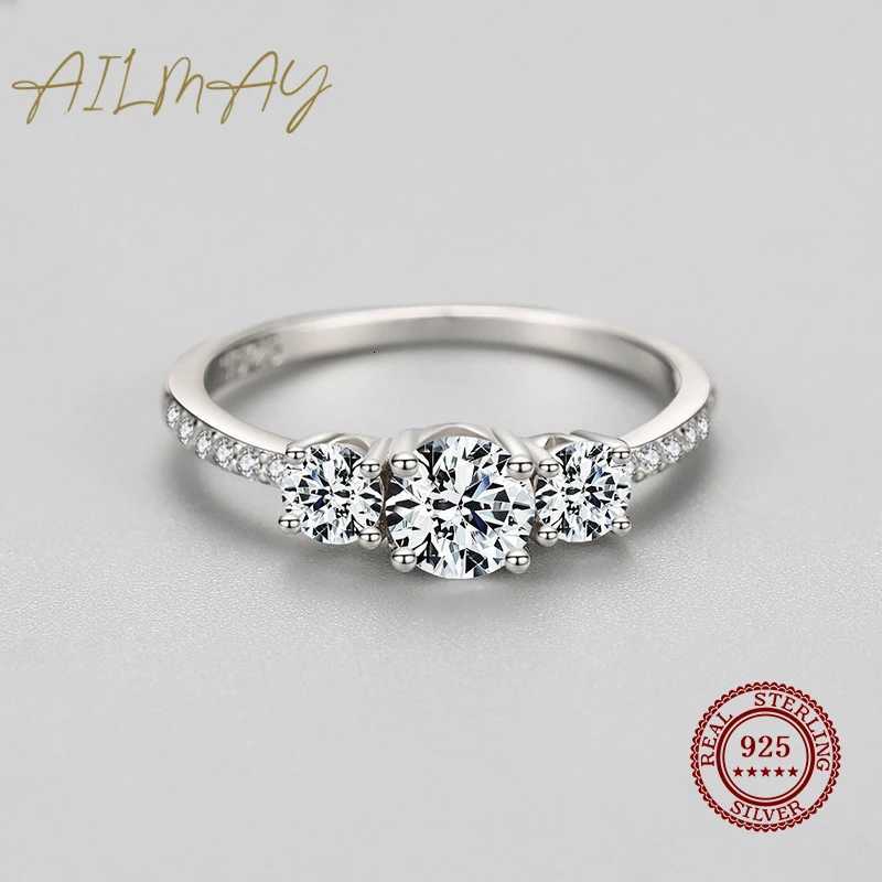 Ailmay Genuine 925 Sterling Silver Luxury Round Emerald Cut Dazzling Zircon Finger Rings For Women Wedding Fine Jewelry Bague H260320 - view 4