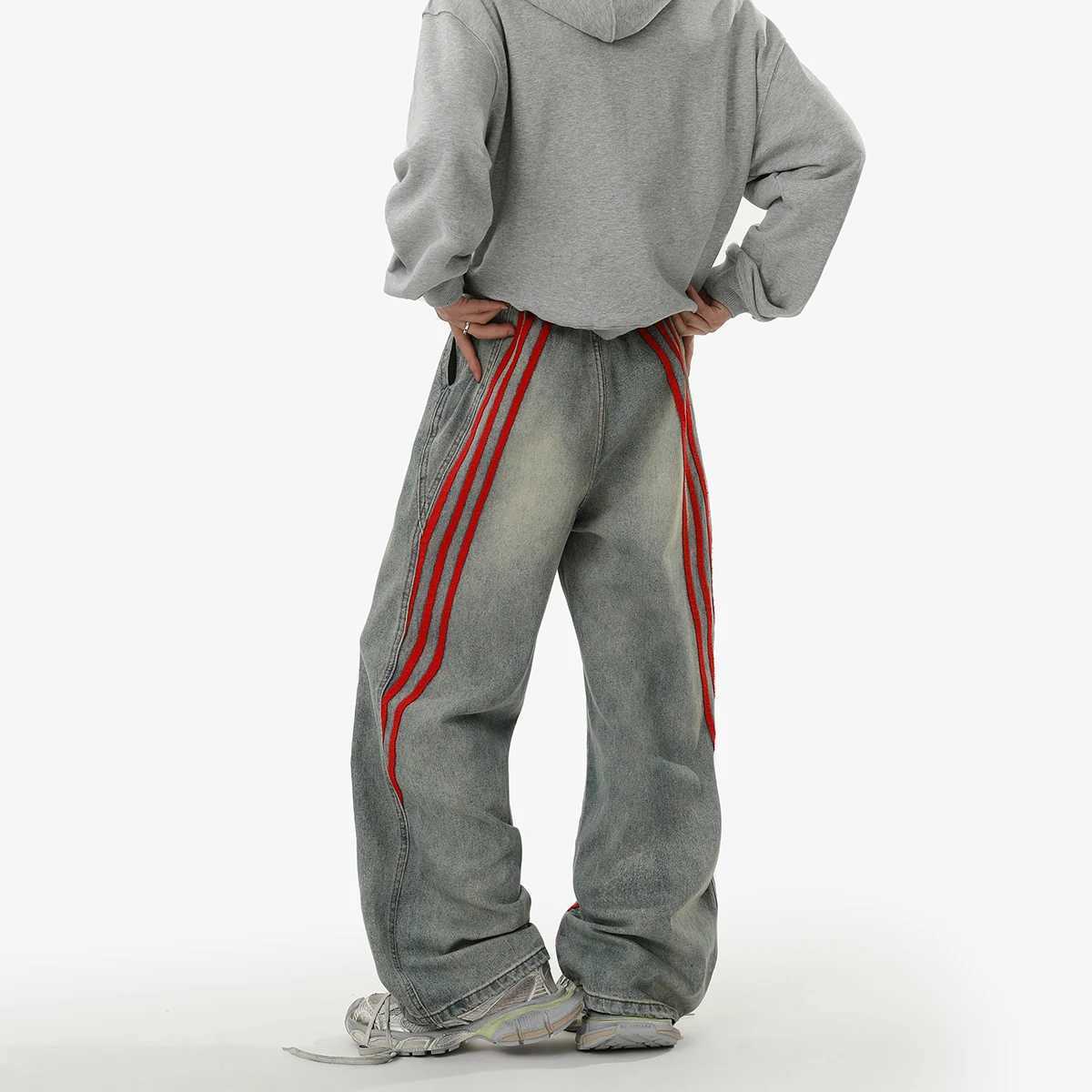 REBELOASIS American retro baggy wide leg jeans for men and women loose casual striped washed long pants D260320