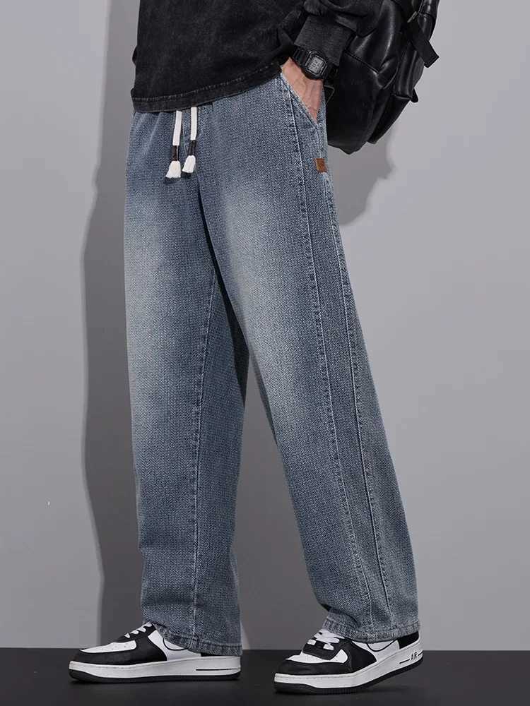 Spring Baggy Wide Leg Jeans Mens Elastic Waist Textured Fabric Jogging Pants Fashion Korean Streetwear Casual Loose Trousers D260320