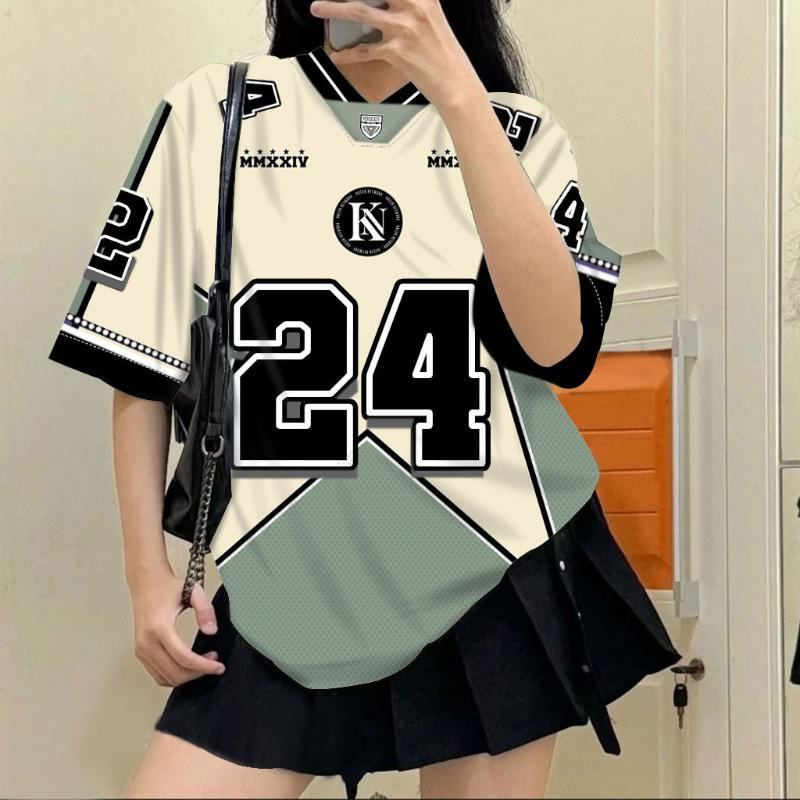 Women's Y2K American Vintage Sporty Jersey T-Shirt Oversized Loose V-Neck Short Sleeve Streetwear Tops Casual Baseball Football Jersey Style Tee