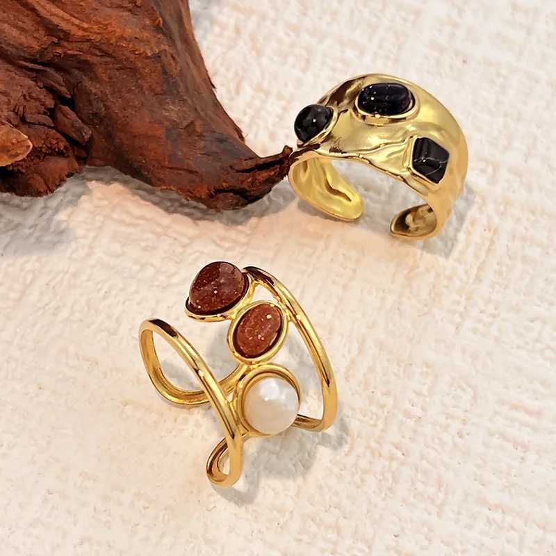Stainless Steel Inlay Brown Oval Stones Rings for Women Men Classic Vintage Wide Chunky Opening Rings Banquet Jewelry H260320 - view 4