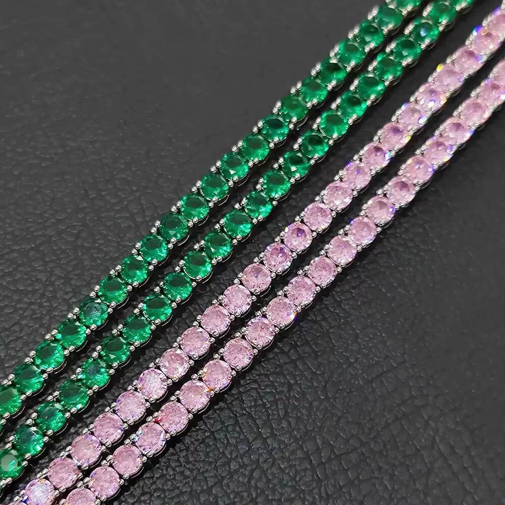 NUOYA Fine Jewelry 4mm Bling Diamond Tennis Chain Single Row Pink Green Moissanite VVS Silver Plated Tennis Chain Necklace for Women
