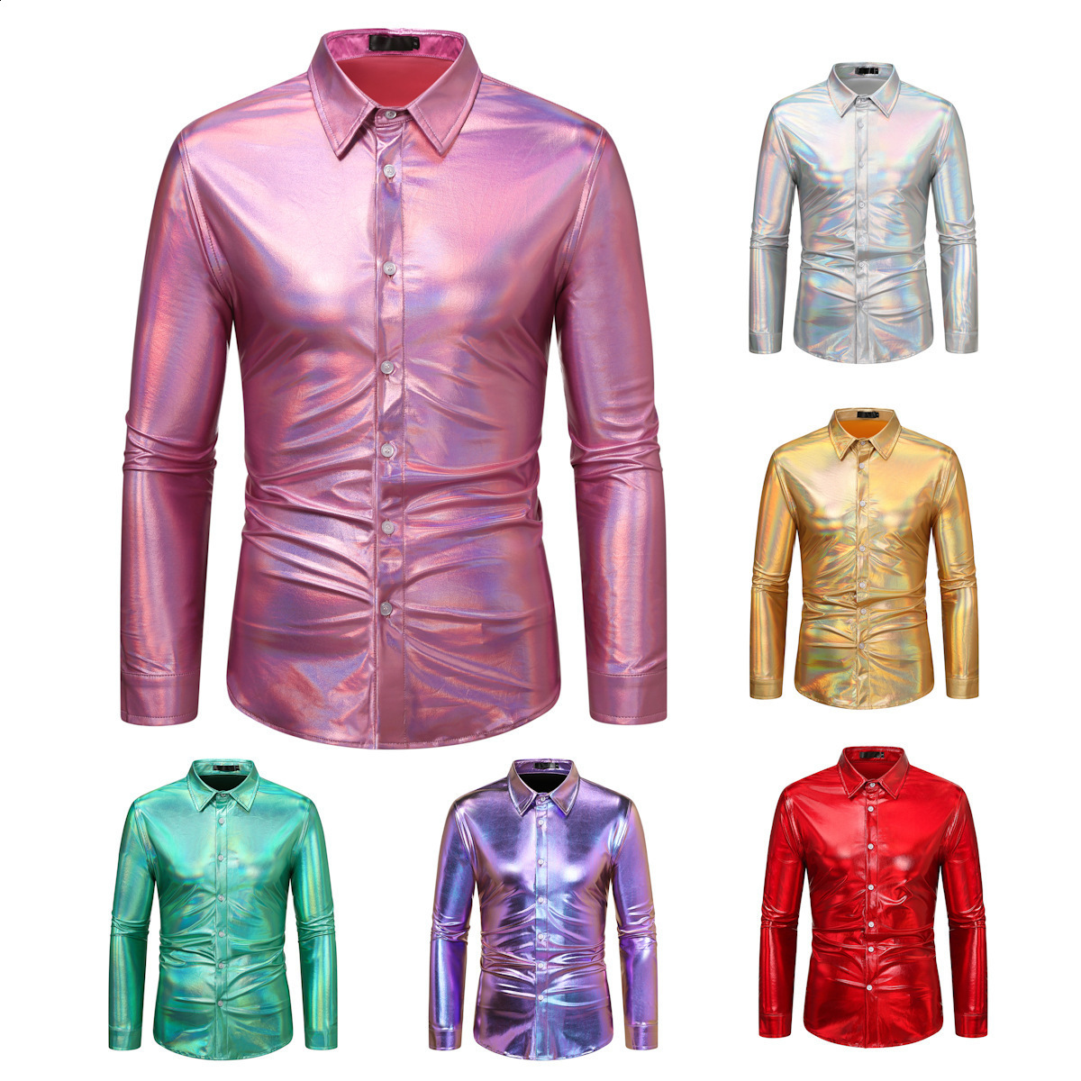 2025 Spring New Disco Shiny Shirt Mens Long Sleeve Shirt 210316