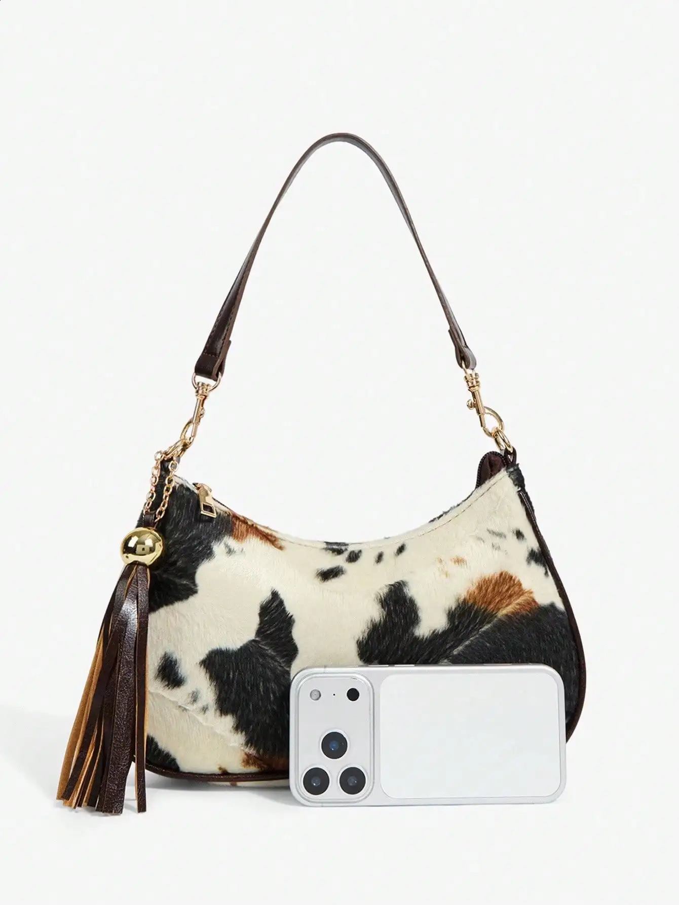 Womens Cow Print Hobo Shoulder Bag with Tassel Pendant Retro Style 260316