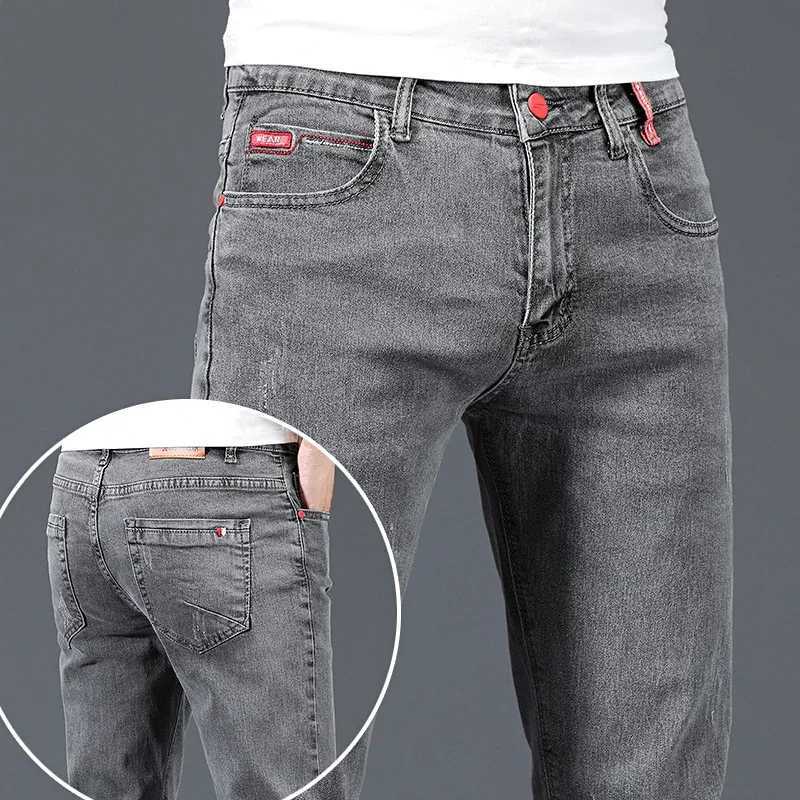 2024 New Mens Cotton Business Casual Skinny Jeans Trendy Fashionable Stretch Straight Slim Denim Trousers Male Blue Grey D260320