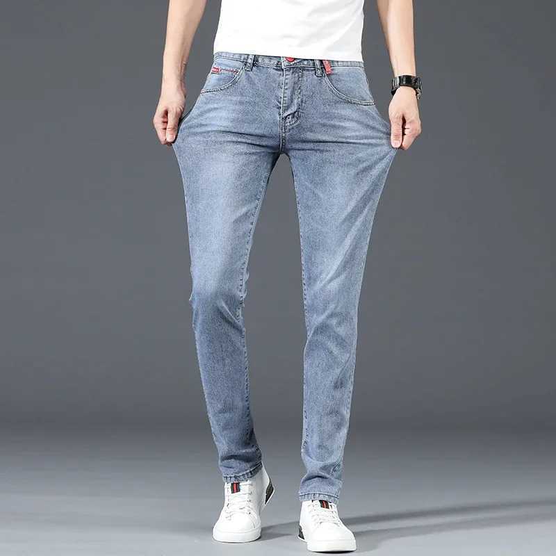2024 New Mens Cotton Business Casual Skinny Jeans Trendy Fashionable Stretch Straight Slim Denim Trousers Male Blue Grey D260320