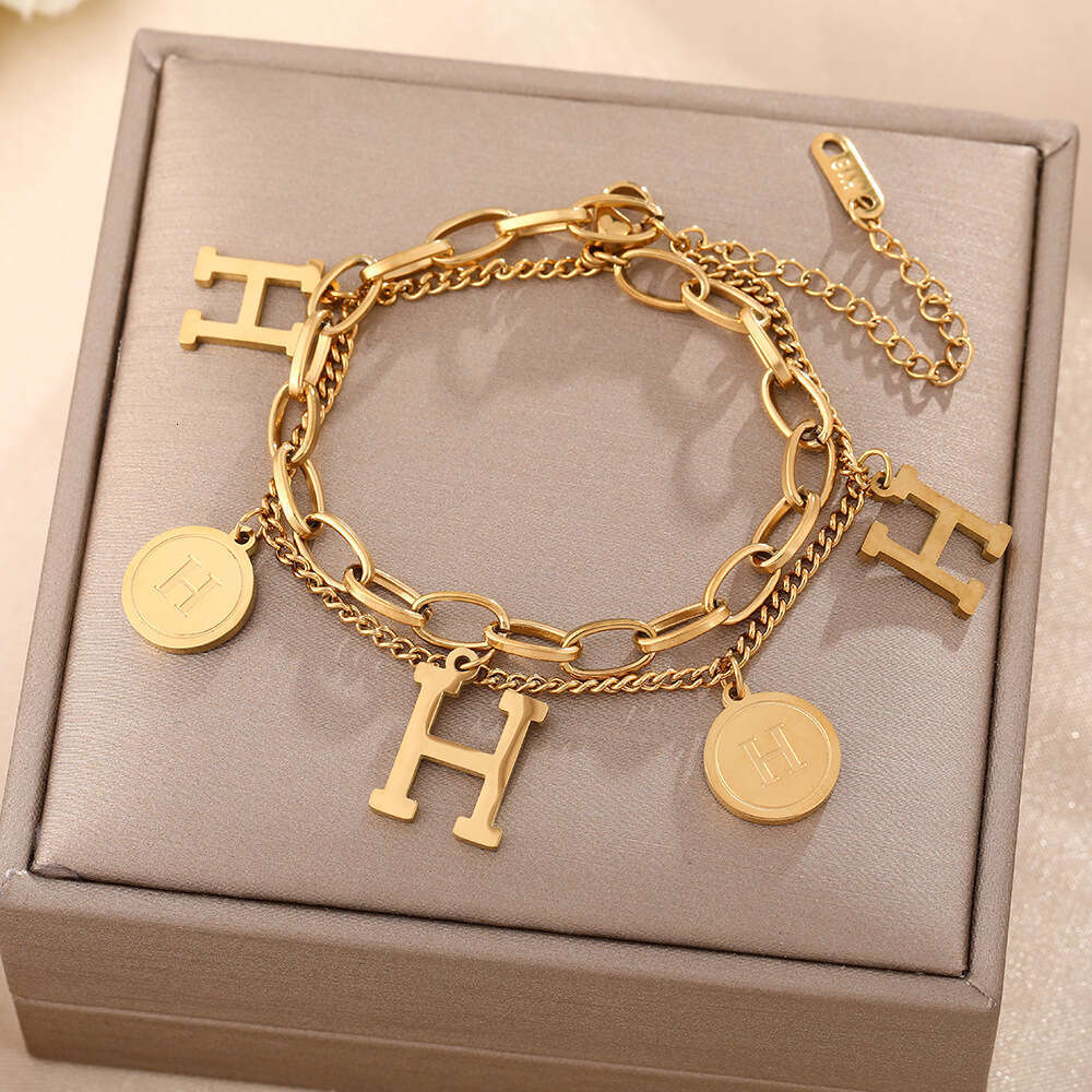 Europan Amrican Cross-Bordr Fashion Titanium Stl Braclt For Womn, Doubl-Layr Chain With H Lttr, Light Luxury And Trndy Hand Accssory, Dos Not