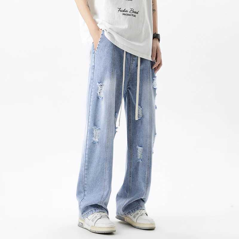 Harajuku Ripped Jeans Mens Streetwear Loose Straight Vintage Y2k Pants Drawstring Casual Hole Personality Denim Trousers D260320