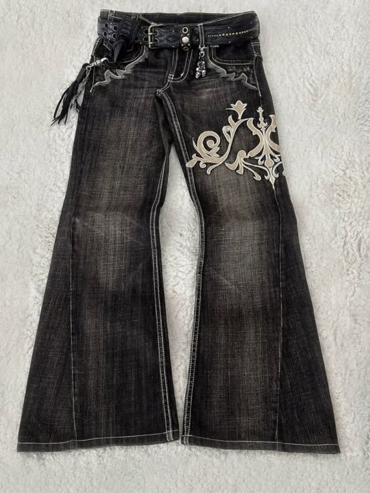 Men's Y2K Gothic Retro Double Waisted Flared Jeans Washed Black Distressed Denim Pants Unisex Streetwear High Waist Micro Flare Vintage Punk Hip 