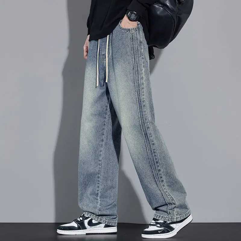 Elastic Loose Straight Jeans Mens Wide Legged Denim Pants Casual Trousers Korean Style Sportswear Clothing Jeans Men Pants D260320