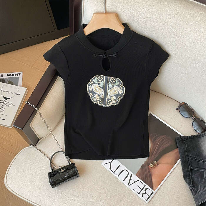 New Chinese-Style Embroidered Knitted T-Shirt Women, Summer Design With Flutter Sleeves, Unique Top For Petite Figures