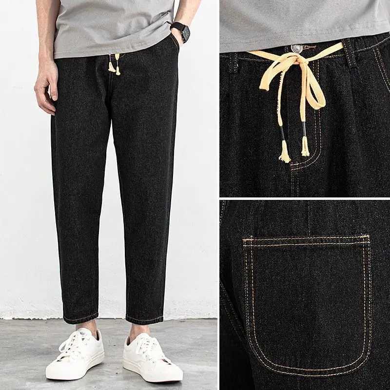 Drawstring Trendy Brand Light-color Elastic Waist Jeans Mens Autumn Loose and Fashion Versatile Tapered Small Feet Harlan Pants D260320