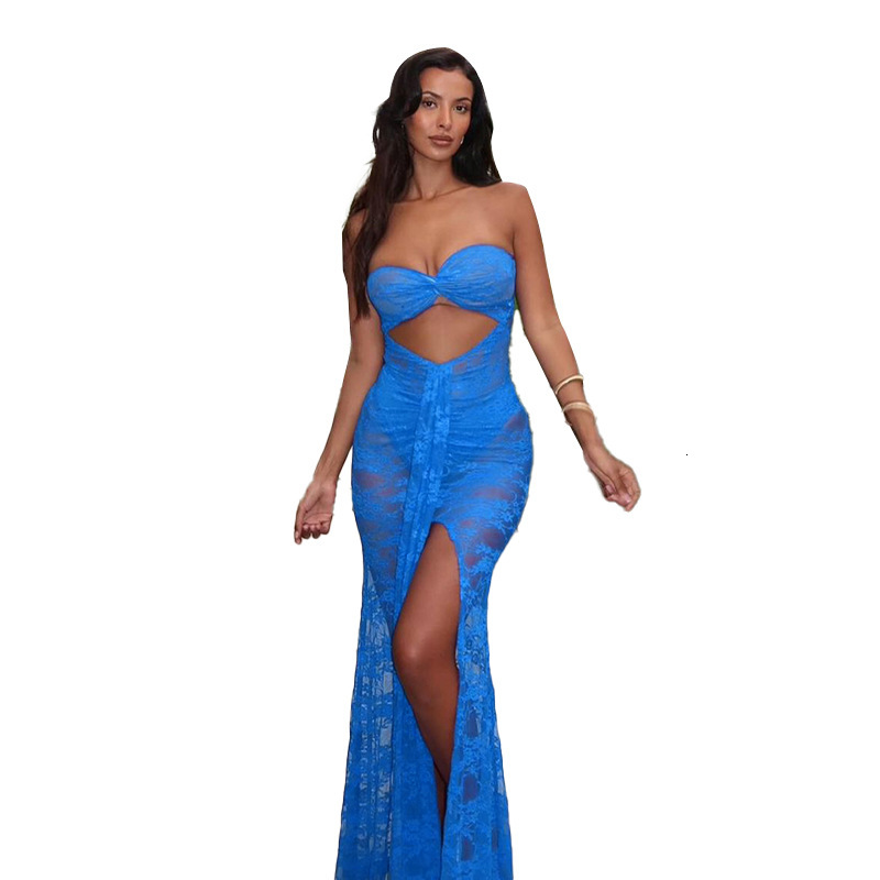 YL25105 Vacation Style New Lace Beach Dress Sexy Mesh Tube Top Hollow Out Sheer Long Dress