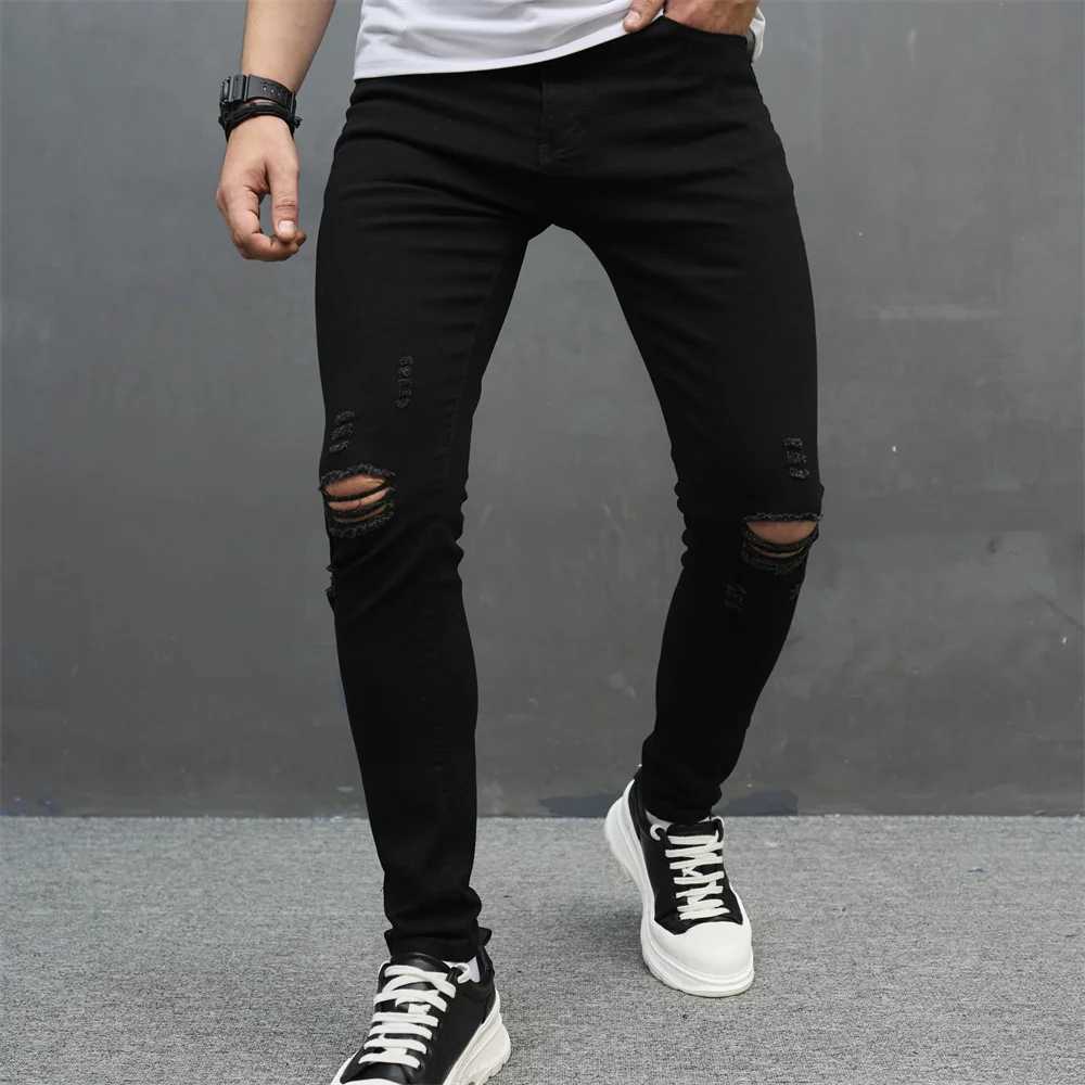 Men Simple Solid Holes High Street Stretch Skinny Jeans Pants Male Distressed Slim Pencil Jogging Denim Trousers D260320