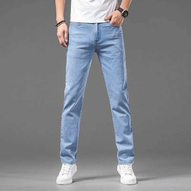 2024 Summer New Mens Thin Light Blue Slim Fit Jeans Fabric Business Fashion Elasticity Denim Trousers Male Brand Pants D260320