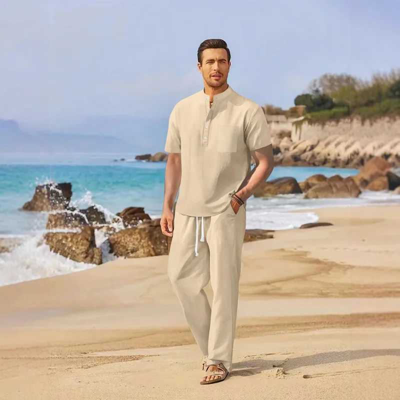 Mens Summer Lightweight Shirt Set wiTH Standing Collar Button PoCKet Cotton Linen Short SLeeve Casual Outfit M260320