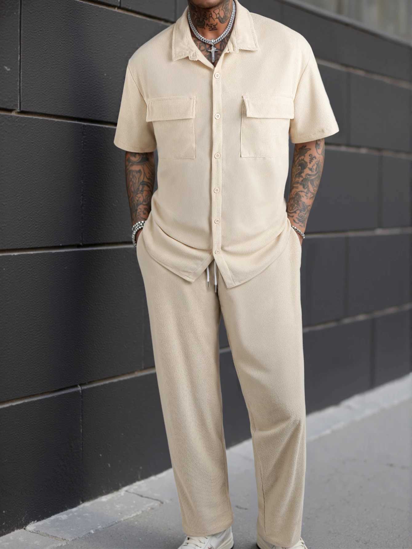 New 2pcs Set Mens Short Sleeve Shirt Pants Suits for Men Beach Wear Tracksuit Solid Color Shirts Sweatpants Hawaiian Vacation M260320