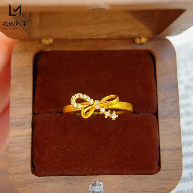 9999 24K real gold luxury jewelry bow ring hollow simple plain circle open finger ring gift for girlfriend H260320 - view 3