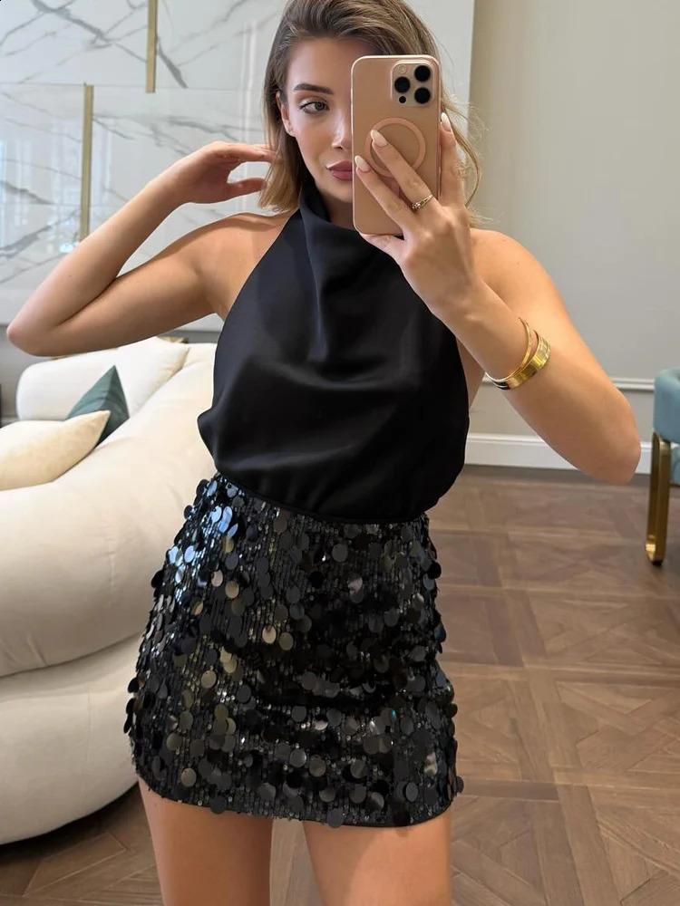 HH Elegant Women Solid Sequined Slim Mini Skirt Sparkling Party Style Skirt Female Sexy High Waist Short A-Line Skirt 260318 - view 3
