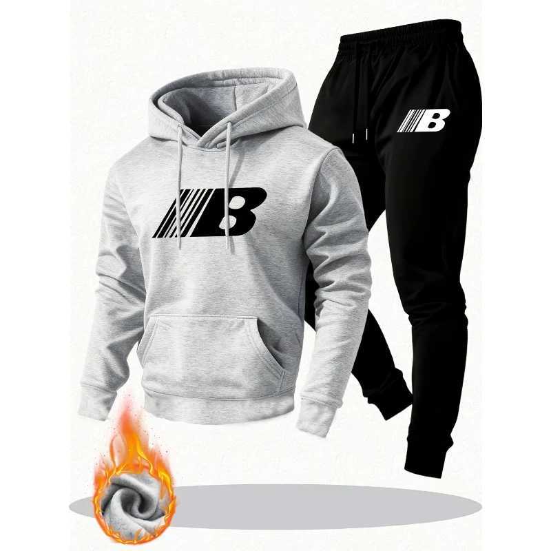 MenS Warm Two-Piece Set - Cozy Hoodie Joggers with Print Casual Long Pants Perfect for Fall/Winter M260320