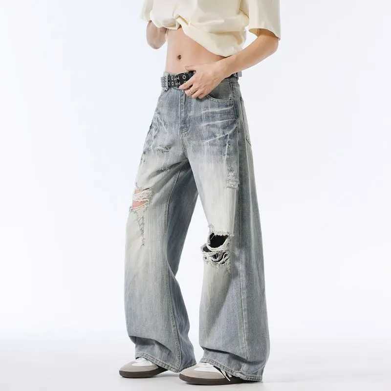 Male Ripped Pants Stretch Solid Blue Casual Mens Wide Leg Trousers Office Work Denim Pants Autumn Korean Vintage Straight Pants D260320