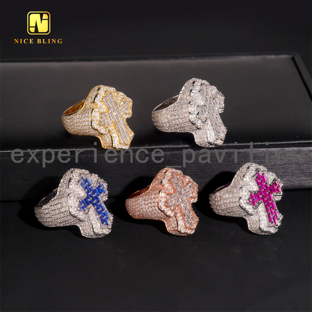 Baguette Iced Out Cross Shape Hip Hop Rapper Jewelry Ring Ruby Sapphire Full With VVS Moissanite Diamond 925 Silver Men Ring