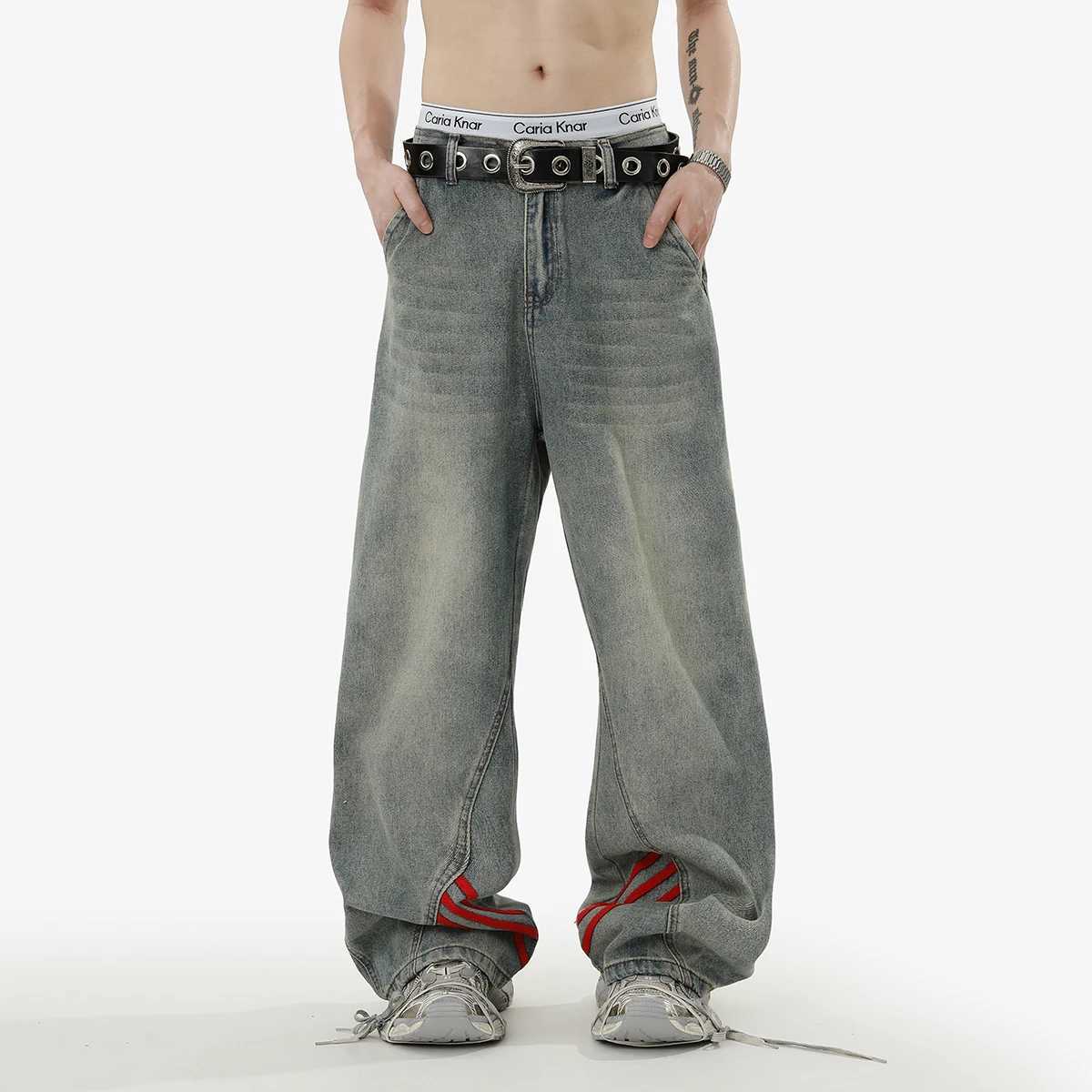 REBELOASIS American retro baggy wide leg jeans for men and women loose casual striped washed long pants D260320