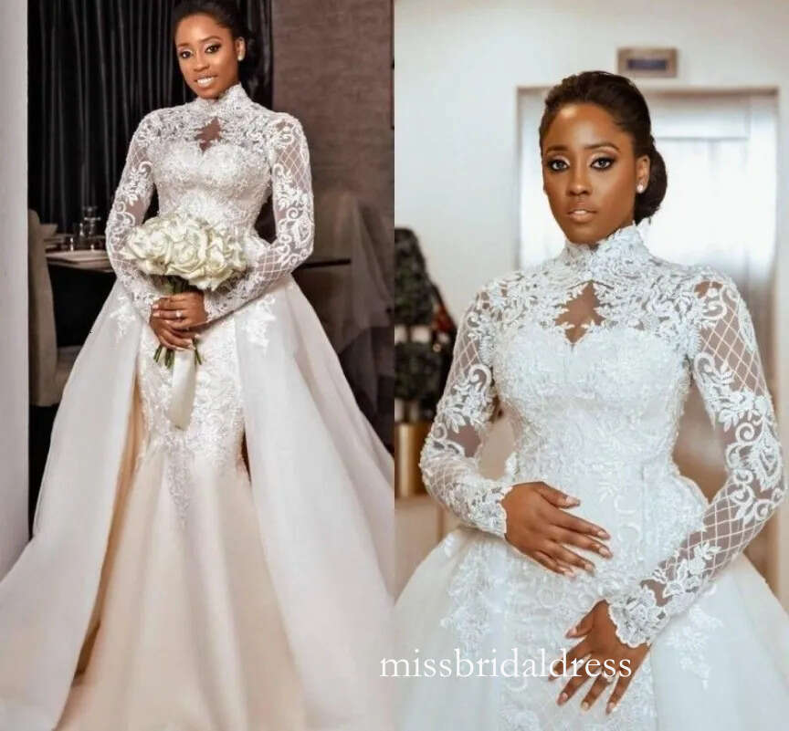 African Mermaid Wedding Dress Detachable Train High Neck Lace Appliques Arabic Bridal Gowns Long Sleeves Robe De Mariage N26 B0320