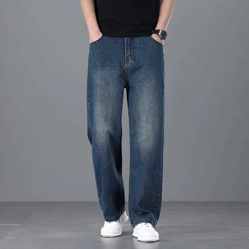 2026 New Korean Mens Casual Long Jeans Classic Man Loose Straight Denim Wide-leg Pants Solid Color Light Blue BlackGrey D260320