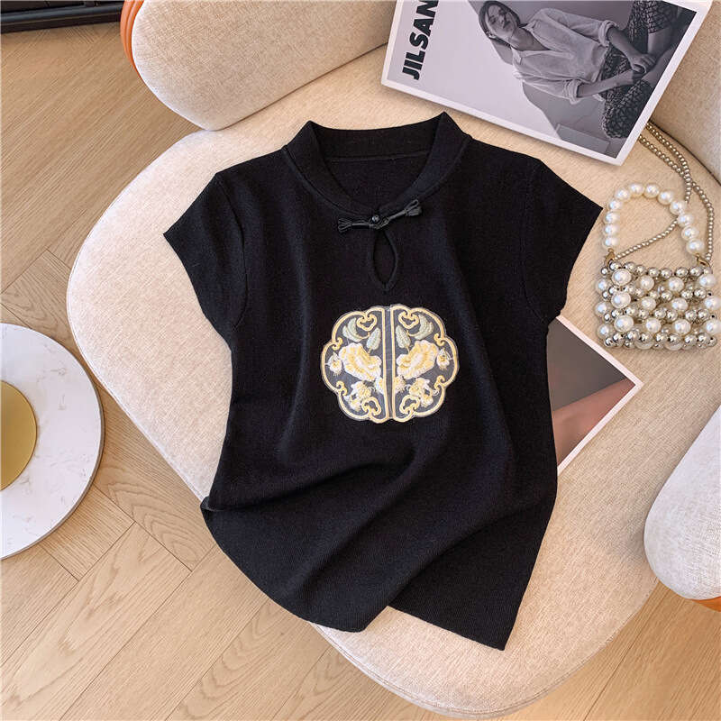 New Chinese-Style Embroidered Knitted T-Shirt Women, Summer Design With Flutter Sleeves, Unique Top For Petite Figures