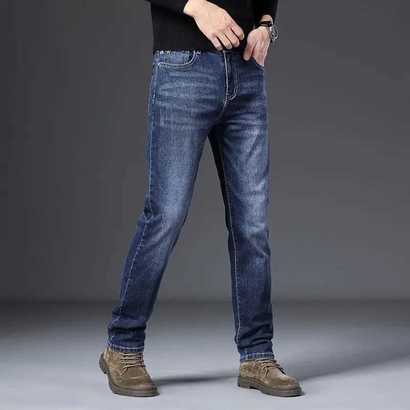 Male Smart Casual Jeans Stretchy Sports Mens Korean Solid Trousers Autumn Winter Full Length Straight Office Work Denim Pants D260320