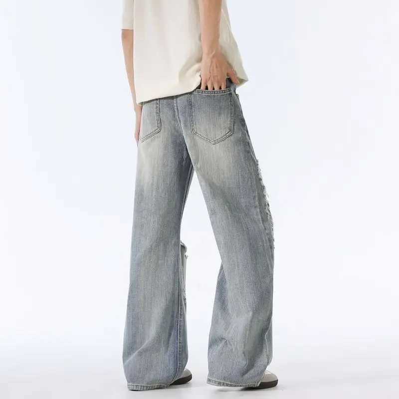 Male Ripped Pants Stretch Solid Blue Casual Mens Wide Leg Trousers Office Work Denim Pants Autumn Korean Vintage Straight Pants D260320