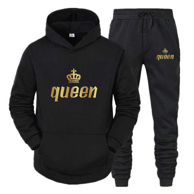 Fashion Long Sleeves KING And QUEEN Printed Hooded Suits Autumn Winter Couple Hoodie Pants 2-Piece Suit M260320