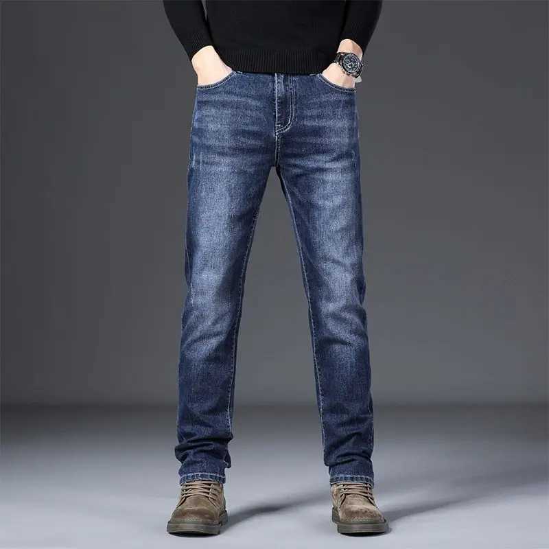 Male Smart Casual Jeans Stretchy Sports Mens Korean Solid Trousers Autumn Winter Full Length Straight Office Work Denim Pants D260320