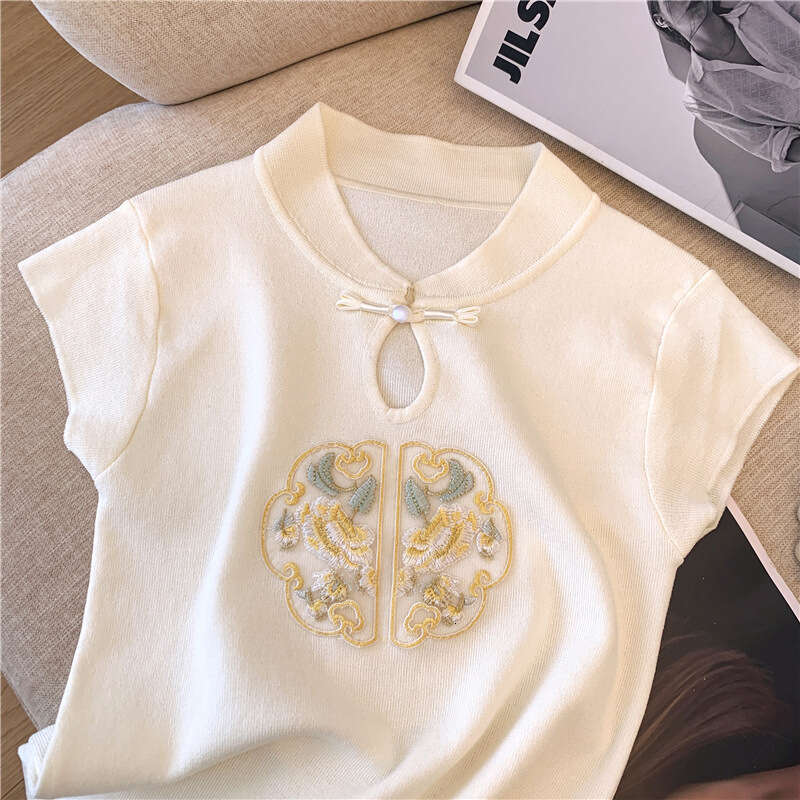 New Chinese-Style Embroidered Knitted T-Shirt Women, Summer Design With Flutter Sleeves, Unique Top For Petite Figures
