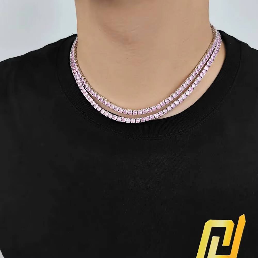 NUOYA Fine Jewelry 4mm Bling Diamond Tennis Chain Single Row Pink Green Moissanite VVS Silver Plated Tennis Chain Necklace for Women